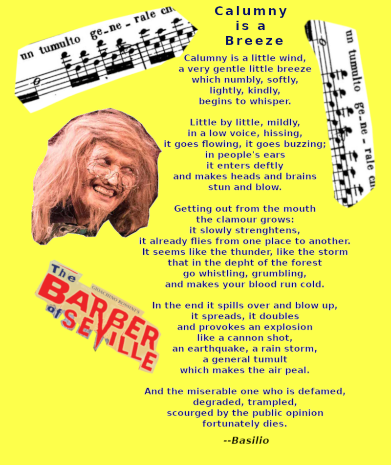 Image with the lyrics of the Basilio Cavatina from Gioachino Rossini's The Barber of Seville.