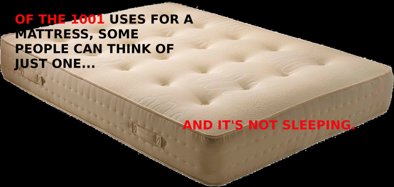 A picture of a mattress that says: Of the 1001 uses for a mattress, some people can think of just one... and it's not sleeping.