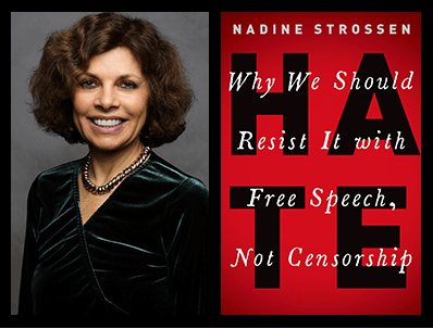 A picture of Nadine Strossen and the cover of her book, side by side.